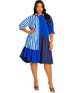 Buxom Couture Plus Size Mixed Stripe Shirt Dress - Blue