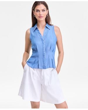 INC International Concepts Chambray Seamed-waist Sleeveless Shirt - Blue
