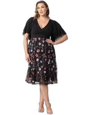 Kiyonna Plus Size Lillian Embroidered Mesh Midi Cocktail Dress - Black