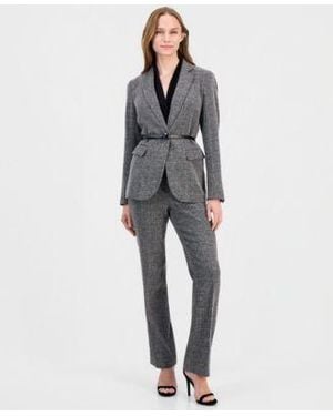 Anne Klein Notched Collar Belted Jacket V Neck Sleeveless Knit Top Bootcut Pants - Gray
