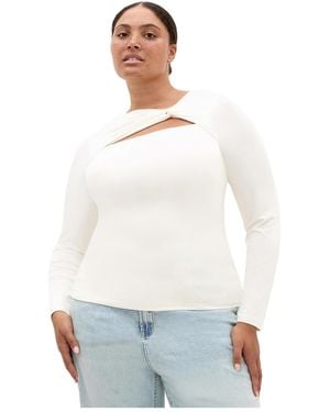 City Chic Plus Size Percy Street Twisted Boat Neck Long-sleeve Open-chest Top - White