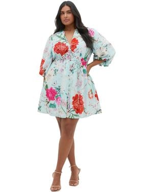 City Chic Plus Size Flora Print V-neck Balloon-sleeve Mini Dress - Red