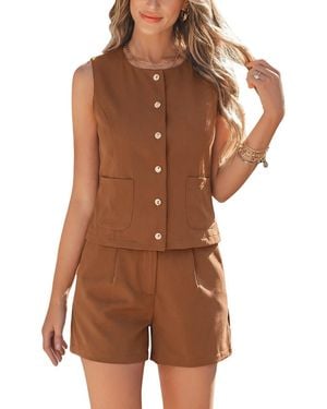 CUPSHE Button-down Sleeveless Vest Top And High-waisted Shorts Outfits - Brown