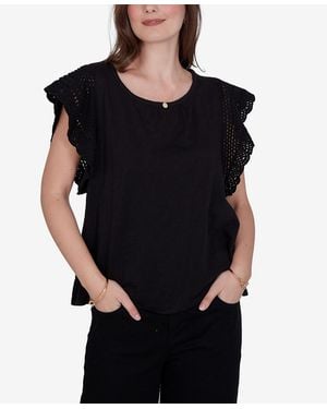Ruby Rd. Petite Crochet Sleeve Solid Cotton Blouse - Black