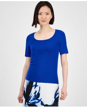 Anne Klein Petite Square-neck Short-sleeve Sweater - Blue