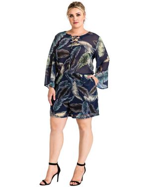 Standards & Practices Plus Size Tropical Leaf Bell Sleeve Lace-up Romper - Blue