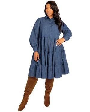 Buxom Couture Plus Size Denim Long Sleeve Tiered Shirt Dress - Blue