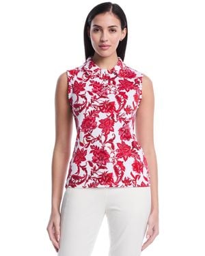 Rafaella Petite Botanical Print Ruffle Trim Sleeveless Polo Shirt - Red