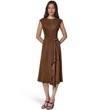 Donna Karan Cap-sleeve Suede Midi Dress - Brown