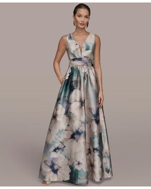 Donna Karan Floral Print Short Sleeve Pleated A-line Ball Gown - Gray