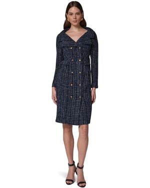 Donna Karan Long-sleeve Tweed Double-breasted Jacket Dress - Blue
