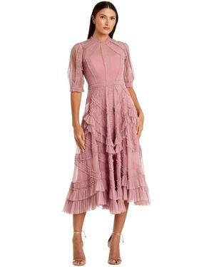 Mac Duggal Petite High Illusion Neck Ruffle Tiered A-line Midi Dress