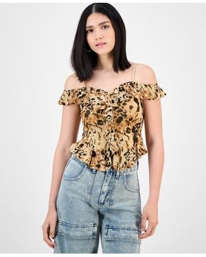 BarIII Printed Cold-shoulder Ruffle-trim Mesh Top - Blue