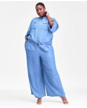 INC International Concepts Plus Size Chambray Top Wide Leg Pants Earrings Macys Exclusive - Blue