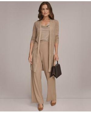 Donna Karan Open V Neck Long Sleeve Cardigan Twisted Shoulder Tank Top Pleated Wide Leg Pull On Pants - Natural