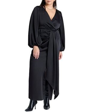 Eloquii Plus Size Satin Puff Sleeve Pleated Dress - Black