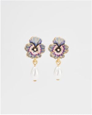 Fable England Gold Pansy And Pearl Drop Stud Earrings - White
