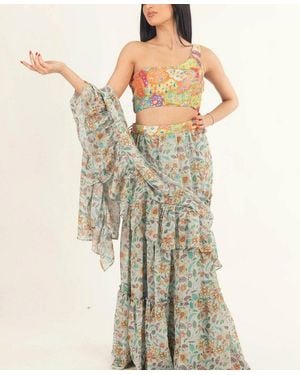Ras One-shoulder Floral Ruffle Saree Dress - Natural
