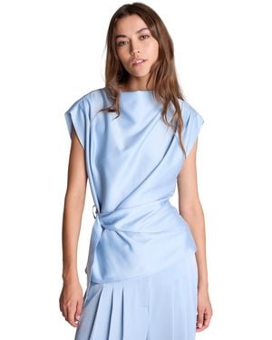 Kenneth Cole Satin Cowl Neck Belted Top - Blue