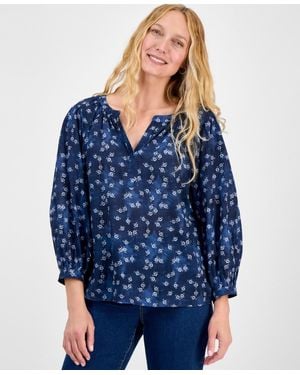 Style & Co. Printed 3/4 Sleeve Split-neck Blouse - Blue