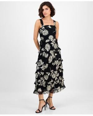 Anne Klein Square-neck Tiered Foil Midi Dress - Black