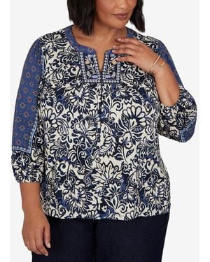 Ruby Rd. Plus Size Foliage Floral Henley 3/4-sleeve Top - Blue