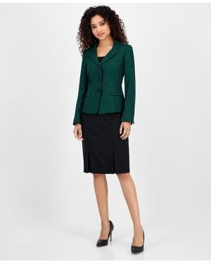 Le Suit Houndstooth Jacket & Pleated Pencil Skirt Suit - Green