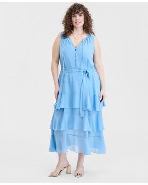 On 34th Trendy Plus Size Tiered Tie-belt Maxi Dress - Blue