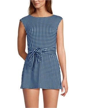 Lands' End Cap Sleeve Tie Belt Mini Swim Dress - Blue