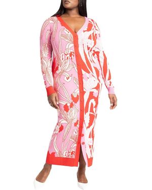 Eloquii Plus Size Intarsia Two Tone Cardigan Dress - Red