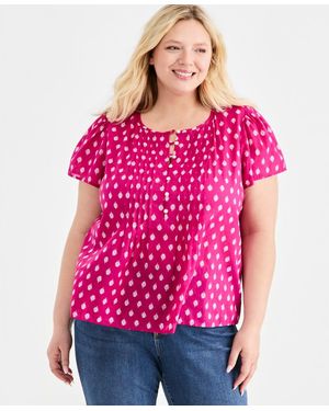 Style & Co. Plus Size Printed Cotton Pintuck Flutter-sleeve Top - Pink