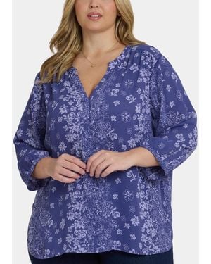 NYDJ Plus Size Pintuck Split Neck Top - Blue