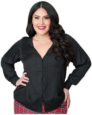 Unique Vintage Plus Size Long Sleeve Blouse - Black