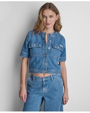 DKNY Cropped Patch Pocket Short-sleeve Boucle Denim Shirt Jacket - Blue