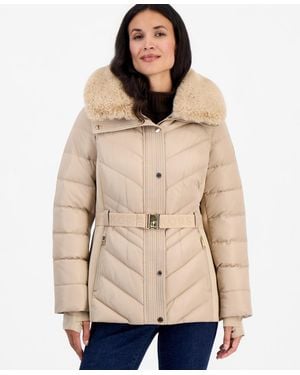 Michael Kors Belted Hooded Faux Fur Collar Puffer Coat - Natural