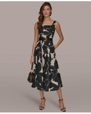 Donna Karan Sleeveless Square Neck Floral A Line Midi Dress - Multicolor