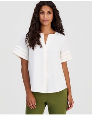 Anne Klein Essentials Petite Pleated-sleeve Split-neck Top - White