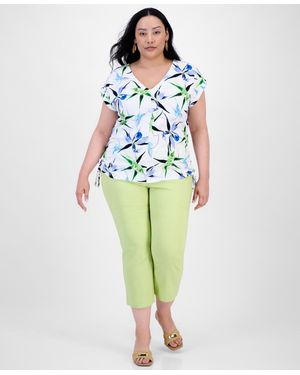 INC International Concepts Plus Size V-neck Printed Side-ruched Top - Green