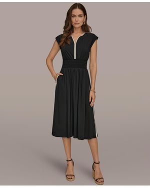 Donna Karan Cap-sleeve Piped Midi A-line Dress - Black