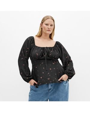 City Chic Plus Size Gigi Long Sleeve Daisy Print Top - Black