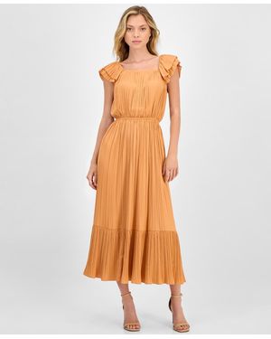 Tahari Flutter-sleeve Elastic-waist Tiered Midi Dress - Orange