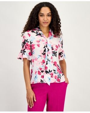 Kasper Printed Ruffle-sleeve Blouse - Red