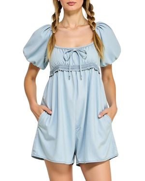 Modenaire Puff-sleeve Tie-front Empire-waist Romper - Blue