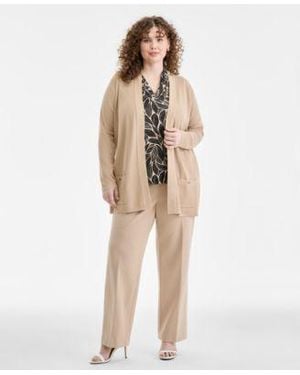 Anne Klein Plus Size Malibu Open Front Cardigan Mid Rise Pull On Straight Pants - Natural