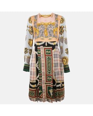 Pre-owned Burberry Multicolor Scarf Print Silk Pleated Long Sleeve Midi Dress - White