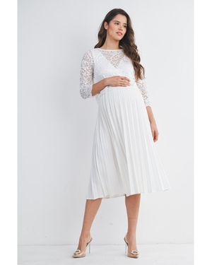 Hello Miss Maternity 3/4 Sleeve Lace Bodice Pleated Nursing Dress - White