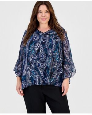 Kasper Plus Size V-neck Ruffle-sleeve Blouse - Blue