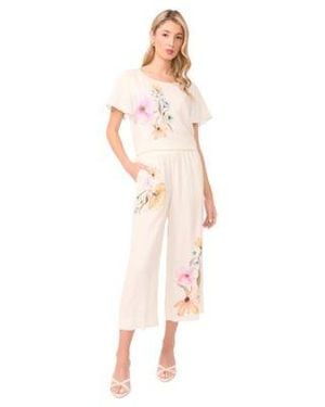 Vince Camuto Floral Top Smocked Waist Wide Leg Pants - White