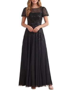 Needle & Thread Sequin Cascade Bow Short Sleeve Gown - Black