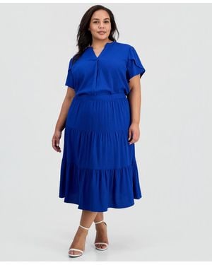 Anne Klein Essentials Plus Size Tiered Midi Skirt - Blue